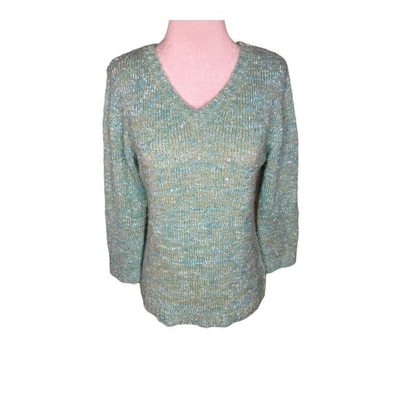 JM Collection Petite Medium V-Neck Blue Green Sweater Sparkly‎ Long Sleeve Knit - Picture 1 of 7